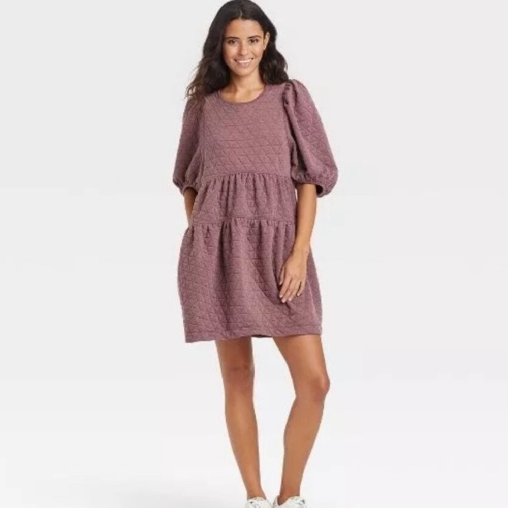 NWOT A New Day Fuchsia Quilted Midi Dress with Puff Sleeves